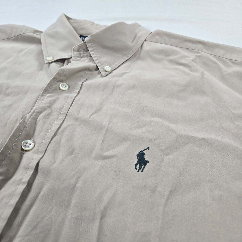 Ralph Lauren Blake Fit 100% Cotton Short Sleeve Tan Button Down Shirt Size Large